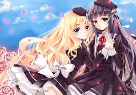 The black hair and blue eyes are famously known eg in hollywood usa as the irish gene. 2girls Alfin Reise Arnor Aqua Eyes Black Hair Blonde Hair Blue Eyes Bow Dress Eiyuu Densetsu Elise Schwarzer Falcom Flowers Hat Long Hair Petals Sen No Kiseki Signed Willfin Konachan Com