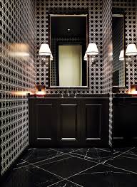 Black Bathroom Decor Ideas Black Marble Floors And Intense Geometric Walls Interiors By Color Bathroom Wallpaper Geometric Marble Floor Masculine Bathroom