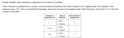 Negative side polar n h nonpolar polar h s nonpolar o pola. Solved Decide Whether Each Molecule Or Polyatomic Ion Is Chegg Com