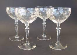 Set includes eight highball glasses in a polished brass cart with a this set of 12 signed libbey handblown goblets depict an iconic arts and crafts pattern of wheel cut flowers alternating with leaves along the rim. Libbey Rock Sharpe Crystal Daisy Flower Floral Stems Wine Glasses Set Of 4 Mint Vintage Stemware Crystal Glassware Crystal Stemware