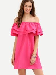Hot Pink Off The Shoulder Ruffle Shift Dress Short Hot Pink Dress Short Sleeve Maxi Dresses Hot Pink Dresses