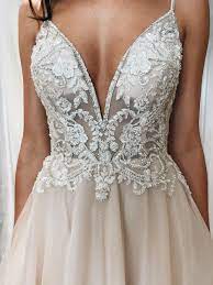 Spaghetti Strap Plunging V Neck Lace And Illusion Wedding Dress From David S Bridal Wedding Dress Organza Aline Wedding Dress Bridal Wedding Dresses