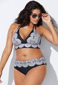 Curvy Size Black Retro Print Two Piece Swimsuit Womens Swimsuits Bikini Bikini Swimsuits Bikinis