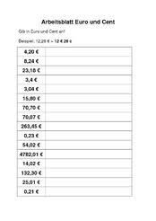Euro und cent umwandeln, dezimalzahlen, arbeitsblatt / dezimalzahlen in brüche umwandeln arbeitsblätter. Arbeitsblatt Euro Und Cent