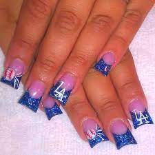 My First Set Of Dodger Nails Love My Job Dodger Nails Flare Nails Baseball Nails