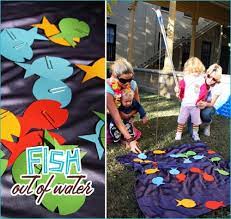 To play, you can purchase potato sacks from the party supplier and dye them green to look like mermaid tails or make your own sacks out of felt. Colorful Fish Birthday Party Ideas Fishing Birthday Party Birthday Party Games For Kids Birthday Party Games
