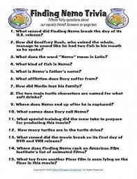 Related quizzes can be found here: Pop Culture Games Finding Nemo Trivia 1 95 Disneypartygames Finding Nemo Baby Shower Finding Nemo Trivia