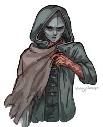 kingjoshua, isayah (fear & hunger), fear & hunger, fear & hunger  (series), fear & hunger 1, commentary, highres, 1boy, cloak, colored  skin, cropped torso, grey cloak, hood, hood up, hooded cloak, looking