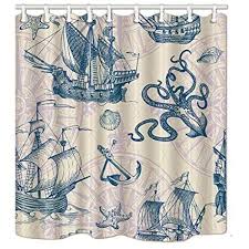 Amazon Com Jawo Nautical Shower Curtain Octopus And Anchor With Ship Bath Curt Beach House Colors Nautical Shower Curtains Bathroom Shower Curtains