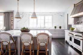 Light Gray Kitchen Island With Riviera Counter Stool And Goodman Hanging Lamps Transitional Kitchen
