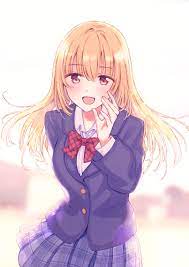 nagidango, ao ashi, 1girl, :d, blazer, blonde hair, blue skirt, blurry,  blurry background, bow, brown eyes, hand up, ichijou hana, jacket, long  hair, long sleeves, open mouth, outdoors, plaid, plaid bow, plaid