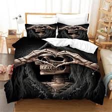 Parure de lit avec housse de couette et 2 taies d'oreiller, 3D, noir,  horreur drôle, squelette, cœur, geste, crâne, ensemble de literie pour lit  simple et Double acheter à prix bas —