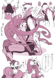 yutaka7, entrapta, hordak, masters of the universe, she-ra and the  princesses of power, highres, translation request, 1boy, 1girl, gloves,  interlocked fingers, licking lips, looking at another, monochrome, pointy  ears, prehensile hair, smile,