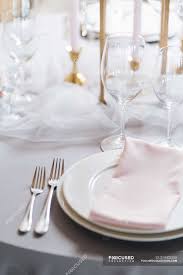 Again, each restaurant normally governs their own style when it comes to the kinds of table settings used, so these settings can vary as well. Round Setting Table In Elegant Style With White Porcelain And Crystal Glasses Banquet Restaurant Stock Photo 214403250