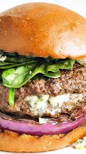Blue Cheese Stuffed Burger With Red Onion And Spinach Recipe Blue Cheese Burgers Recipes Food