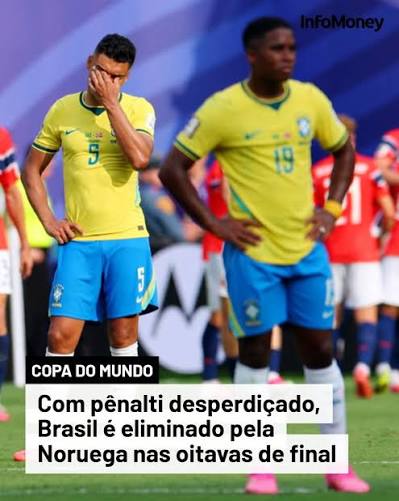 BRASIL ELIMINADO A Sele&ccedil;&atilde;o Brasileira perdeu, por 2 a 1, da Noruega neste  domingo (5) e encerrou sua participa&ccedil;&atilde;o na Copa do Mundo 2026 nas oitavas  de final. A partida teve p&ecirc;nalti
