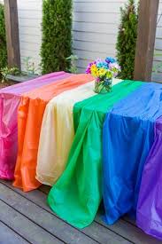 Use Multiple Plastic Table Cloths To Create An Easy Rainbow Party Table Rainbow Unicorn Birthday Party