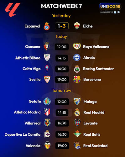 LA LIGA MATCHWEEK 7 FIXTURES ARE HERE!! 🇪🇸 The opening game already delivered a surprise as Elche stunned Espanyol!! 😱 And this weekend brings TWO massive clashes!! 🔥 Sevilla vs Barcelona -
