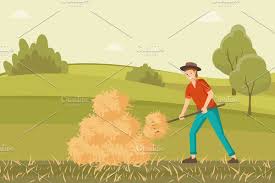 Farmer Working On Hayfield Vector Farmer Farm Hayfield