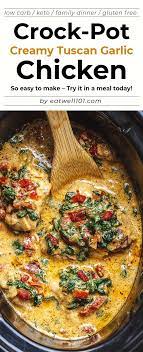 Crockpot Tuscan Garlic Chicken Thighs With Spinach And Sun Dried Tomatoes Chicken Crockpot Recipes Garlic Chicken Recipes Recipes