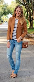Match the outfit with navy blue jeans or chinos and a light coloured shirt (e.g. Camel Blazer