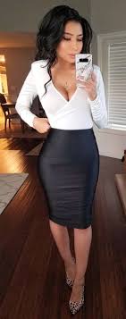 Spring Outfits White Plunging Long Sleeved Shirt And Black Pencil Skirt Pencil Skirt Outfits Pencil Skirt Outfits Spring Skirt Outfits