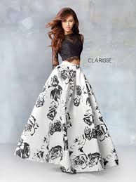 3579 Black And White Two Piece Dress With Laced Long Sleeves And A Floral Mikado Print Gow Piece Prom Dress Prom Dresses Two Piece Prom Dresses With Sleeves