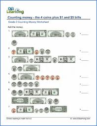 grade 3 money worksheet counting the 4 coins plus 1 and 5 bills k5 learning