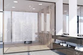 Our shower stall light is out, for now (regular shower base light bulb) think we can use led light bulbs for a inclosed glass shower stall, its open above the ceiling. Panoramic Modern Bathroom Interior With A Light Wooden And Glass Stock Photo Picture And Royalty Free Image Image 96664768