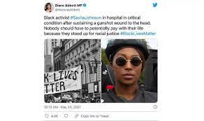 The black lives matter activist sasha johnson is in a critical condition after sustaining a gunshot wound to her head in an incident in south london, her affiliated group, taking the initiative party, has announced on social media. O49yqzrmt2b3om