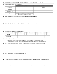 Transcription and translation practice worksheet example: Protein Synthesis Review 2 7 7 2 7 3