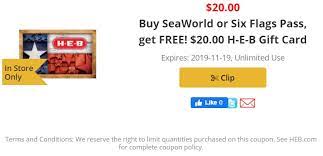 Check spelling or type a new query. Expired H E B Buy Seaworld Or Six Flags Pass Get 20 H E B Gift Card Free Gc Galore