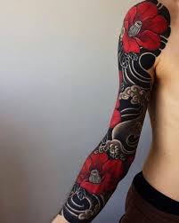 Black And Grey Sleeve With Color Blackwork Tattoo Sleeve With Red Pops Of Color From Flowers Www Otziapp Com Tattoos Body Tattoos Flower Tattoo Sleeve