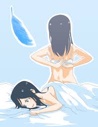 craft kim, kasaki nozomi, yoroizuka mizore, hibike! euphonium, liz to aoi  tori, commentary, highres, 2girls, aftersex, back, bed, bed sheet, black  hair, blue background, blue eyes, blue feathers, bra, confused, dressing,  feathers,