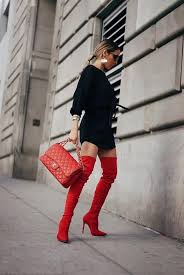 Make A Dramatic Appearance At The Party By Wearing Red Over The Knee Boots With The Classic High Knee Boots Outfit High Boots Outfit Over The Knee Boot Outfit