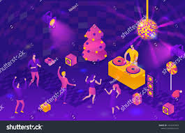 New Year Party 3d Isometric Illustration Dj Playing Club Disco Music People Dancing Christmas Tree Present In 2020 New Years Party Holiday Poster Tree Illustration