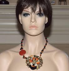 NR! VTG SIGNED HOBE LEE SANDS REAL ONYX FAUX CINNABAR HUGE LION PENDANT  NECKLACE