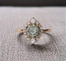 Grey Mint Moissanite Diamond Engagement Ring Halo Bohemian Art Deco Indian Vintage Ant Handmade Engagement Rings Wedding Rings Vintage Vintage Engagement Rings