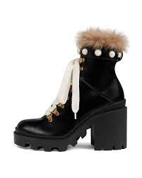 Gucci Leather Combat Boots With Fur Trim 1 490 00 Gucci Shiny Leather Combat Boot With Pearly Studs Dyed Lamb Shearling N Boots Combat Boots Fur Boots