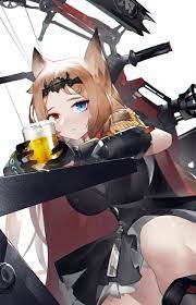 yushe quetzalli, archetto (arknights), arknights, absurdres, commentary  request, highres, 1girl, alcohol, animal ears, beer, beer mug, black dress,  black gloves, blonde hair, blue eyes, bow (weapon), breasts, cape, compound  bow, cup, dress,