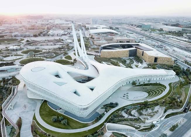 Contemporary Islamic architecture at sunset