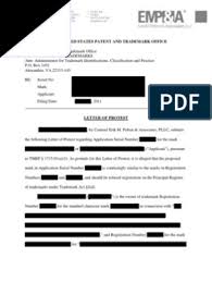 Letters of protest are generally the first step and the least costly way to try to prevent a trademark application from registering. Sample Trademark Letter Of Protest United States Patent And Trademark Office Trademark