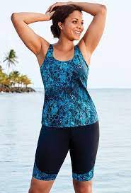 Chlorine Resistant Classic Tankini Set With Bike Short Teal Flowers Teal Flowers In 2021 Tankini Swimsuits For Women Swimwear Fashion Swimsuits For Older Women