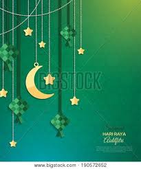Selamat hari raya aidilfitri — stock vector image. Selamat Hari Raya Aidilfitri Greeting Card Vector Illustration Hanging Ketupat And Crescent With Stars Garlands On Green Background Caption Fasting Day Of Celebration Poster Id 190572652