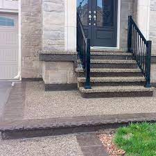 Photos Of Interlocking And Concrete Front Entrances Porches Markstone Landscaping Exposed Aggregate Concrete Front Porch Steps Front Walkway Landscaping
