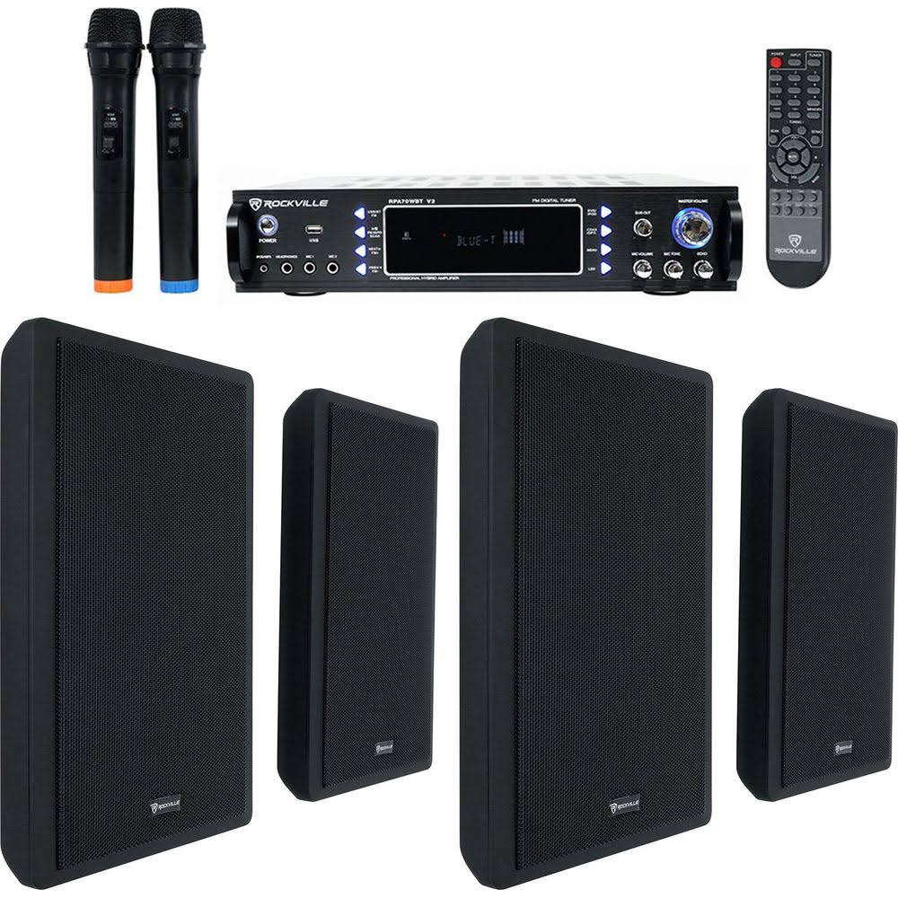 Rockville 1000W Bluetooth Receiver+ Wall Speakers+Mics 4 Restaurant/Bar/Cafe