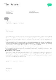 Writing a great judicial clerkship cover letter is an important step in getting hired at a new job, but it can be hard to know what to include and how to format a cover letter. Court Clerk Cover Letter Example Kickresume