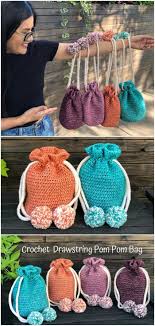 Drawstring Pom Pom Bag Free Crochet Pattern Crochet Crochet Bags Purses Cute Crochet