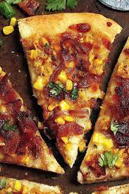 Bacon Corn And Caramelized Onion Pizza Baker By Nature Recipe Onion Pizza Caramelized Onion Pizza Food