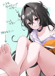 piyopiyomaru (piyo8823), trony (nikke), goddess of victory: nikke,  absurdres, highres, translated, 1girl, bags under eyes, barefoot, belt,  belt collar, black belt, black hair, collar, crossed legs, feet, food, foot  out of frame,